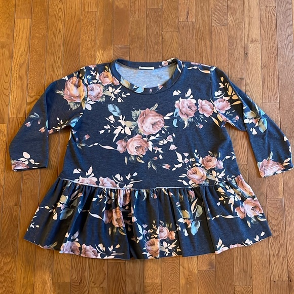 entro 3/4 sleeve babydoll top - navy with pink flowers size large - Picture 1 of 5